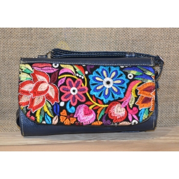 Portfel torebka skórzana granatowa z kwiatowym kolorowym haftem